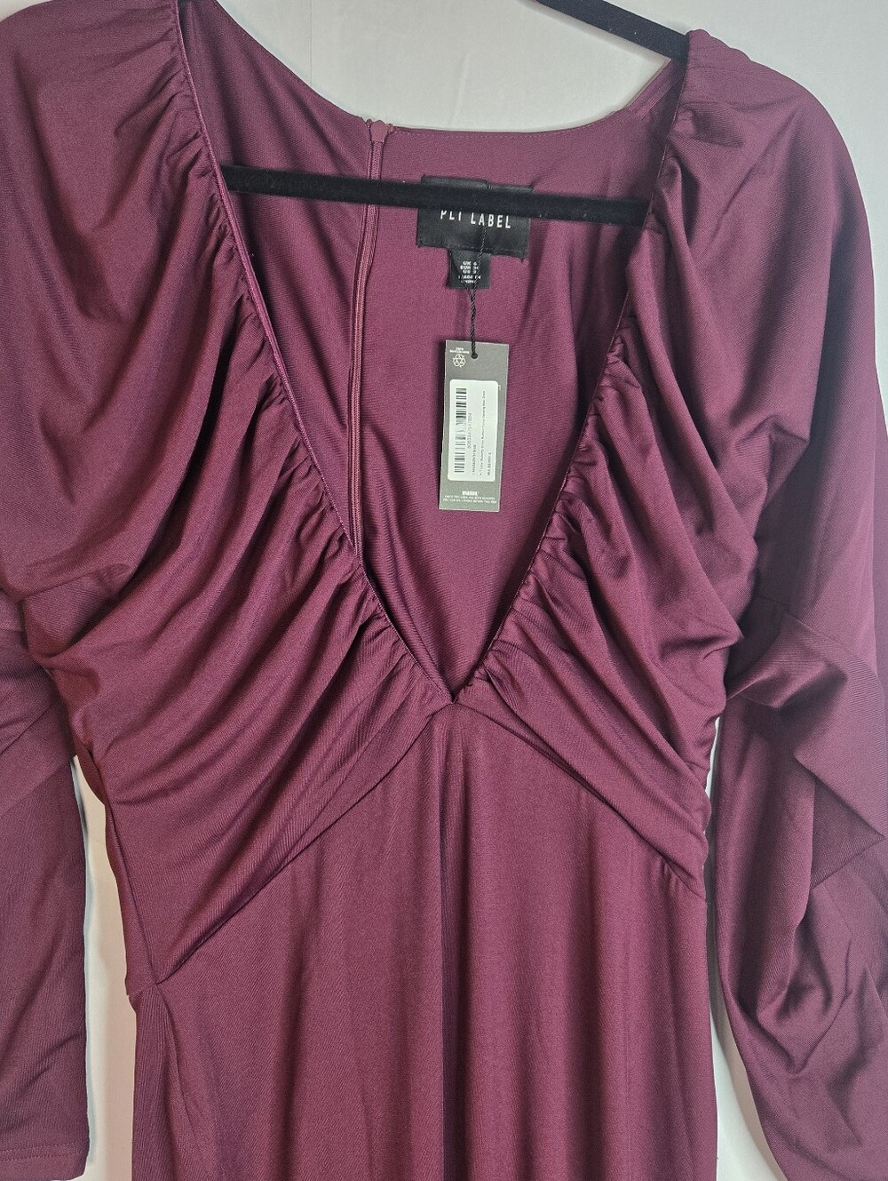 PLT Label Women Size 2 Mulberry Slinky Ruched plunged Batwing Maxi dress NWT